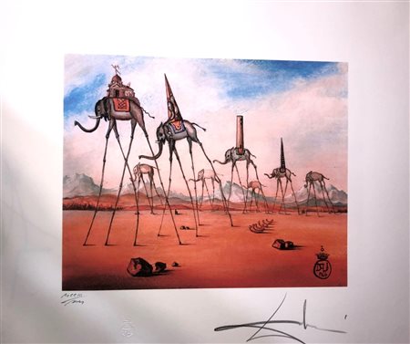 SALVADOR DALI' (1904-1989) Litografia a Colori CM 70X50 Titolo -Elefanti su...