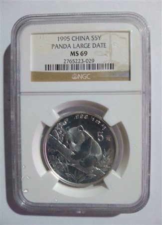 1995 China SSY Panda Large Date MS 69 Emissione Panda 5 Yuan in Argento 999...