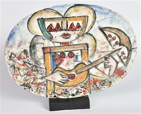 Ibrahim Kodra (1918 - 2006) SUONATORE ceramica smaltata, cm 23,5x32x1, su...