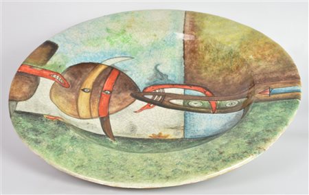 Gianni Dova (1925 - 1991) PESCE GATTO ceramica policroma, diam. cm 50; es....