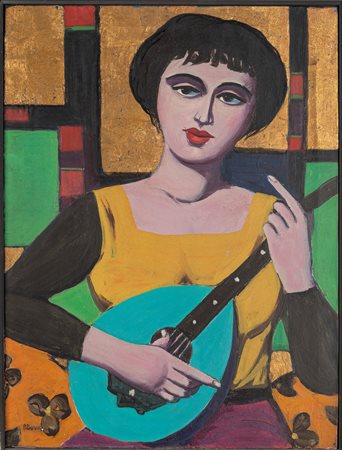 Pompeo Borra (Milano 1898-1973)  - Donna con mandola fondo oro, 1956