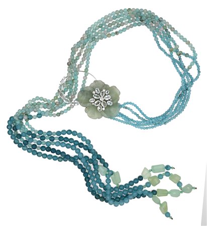 Collana a sciarpina in oro, acquamarine e agata azzurra Oro bianco 750/000....