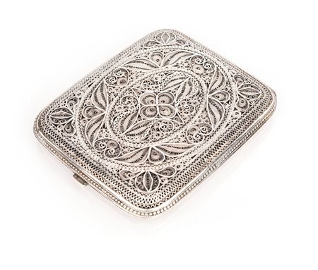 Portasigarette da tasca in filigrana argento 800/000 interamente decorato a...