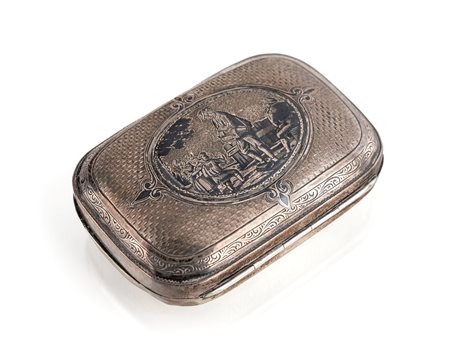 Scatola portatabacco in argento niellato e bulinato, Gran Bretagna, XIX...
