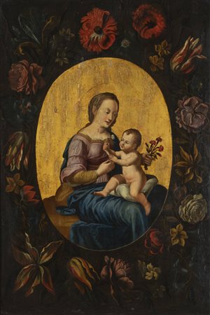 PITTORE DI SCUOLA FIAMMINGA<BR>"Madonna con Bambino" XVII secolo
