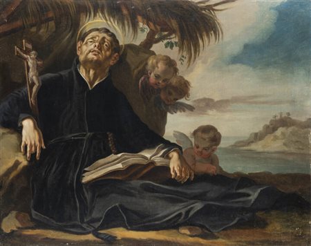 PITTORE ANONIMO<BR>"Santo in meditazione con angeli" XVIII secolo