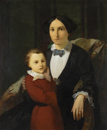 SERVOLINI BENEDETTO (attribuito a)<BR>"Ritratto di giovane donna con il figlio" 1845-1850