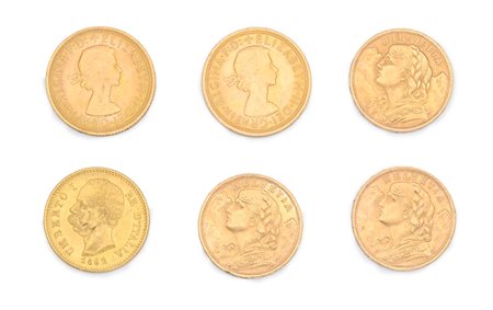 Lotto di 6 monete: 20 lire 1882 Regno d'Italia Umberto I; 3 da 20 franchi...