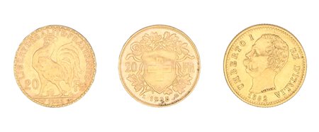 Lotto di tre monete: 20 Franchi 1905 Repubblica Francia; 20 Franchi Svizzera...