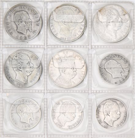 Lotto di 5 monete da 2 lire: Valore 1863 Napoli, Primo tipo 1883, Secondo...
