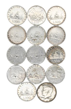 Lotto di 14 monete d'argento: 13 monete da 500 Lire Repubblica Italiana;...