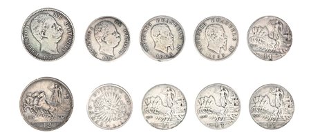 Lotto 10 monete Regno d'Italia: 1 Lira 1863 Torino; 1 Lira 1863 Milano...