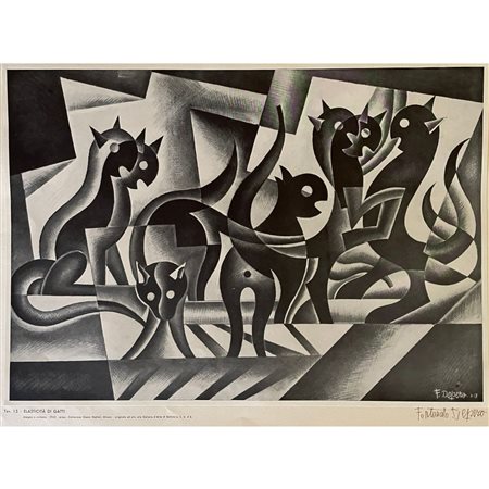 Fortunato Depero, Elasticità di gatti (1942) stampa litografica con firma...