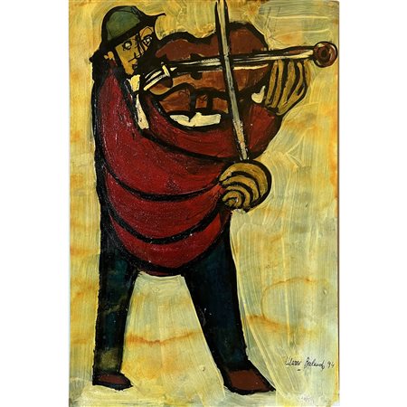 Marco Berlanda, Violinista con cappello verde su fondo giallo (1994), tecnica...