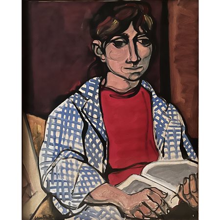 Domenico Cantatore, Donna con libro, olio su tela, cm 80x60. Provvisto di...