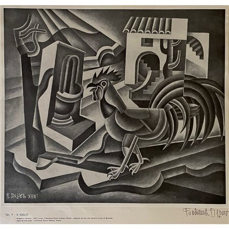 Fortunato Depero, Il gallo (1942) stampa litografica con firma autografa su...