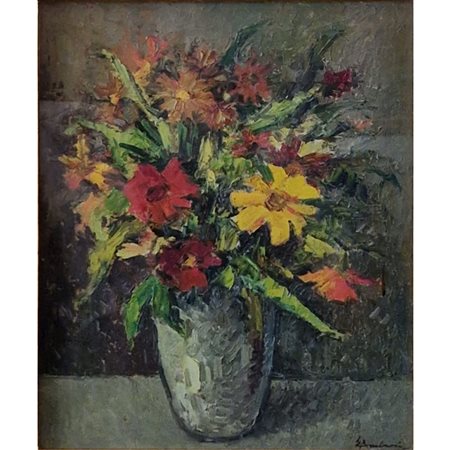 Elmo Ambrosi, Vaso con fiori gialli e rossi, olio su tavola, cm 50x40,...