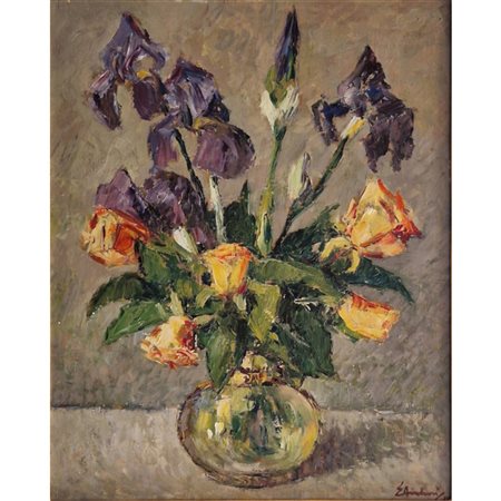 Elmo Ambrosi, Vaso con fiori gialli e viola, olio su tavola, cm 50x4, cornice...