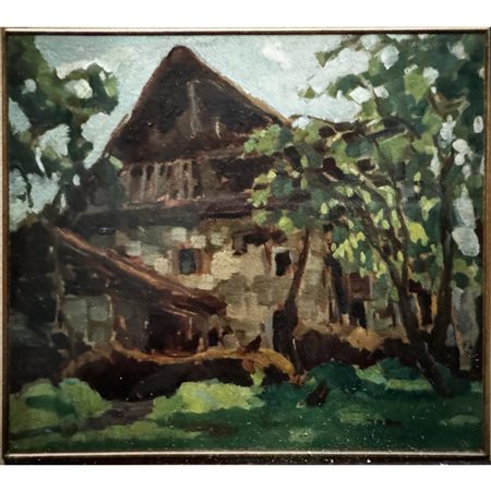 (prob.) Pizzini Carlo, Casa di montagna, olio su cartone, anni '20, cm 24x27. In cornice. Non firmato