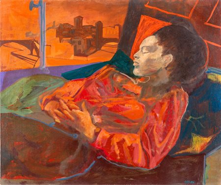 Ugo Attardi (Genova 1923-Roma 2006) Ritratto di donna alla finestra Olio su...