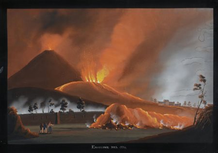 PITTORE DEL XX SECOLO Eruzione del Vesuvio del 1834 Tempera su carta, cm...