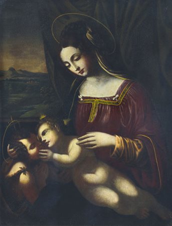 PITTORE DEL XIX SECOLO Madonna con Bambino e San Giovannino Olio su zinco, cm...