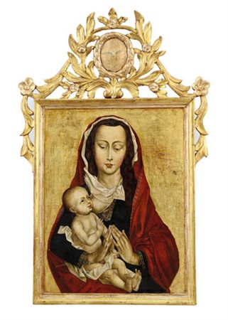 PITTORE DEL XIX SECOLO Madonna con BambinoOlio su tavola a fondo oro in stile...