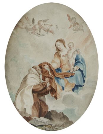 SCUOLA VENETA DEL XVIII SECOLO Madonna con Bambino e Santo CarmelitanoTempera...