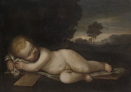 SCUOLA EMILIANA DEL XVII SECOLO Gesù dormiente Olio su tela, cm 67,5x93.