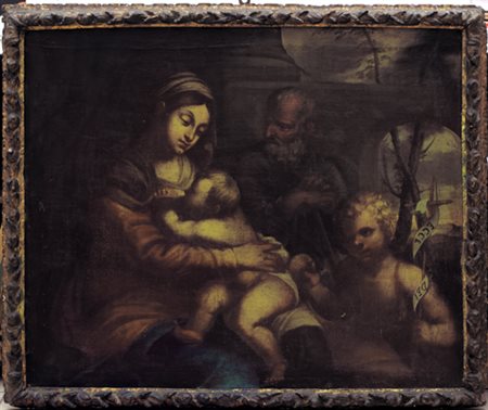 SCUOLA VENETA DEL XVI SECOLO Sacra Famiglia Olio su tela, cm 82x98; cornice...