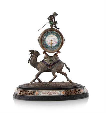 ARGENTI D'EPOCA OROLOGIO DA TAVOLO IN ARGENTO DECORATO A SMALTI POLICROMI E...