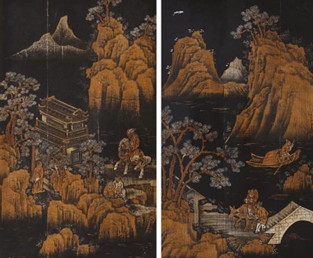 ARTE ORIENTALE COPPIA DI PANNELLI IN LEGNO LACCATO, CINA, XIX SECOLO, decori...