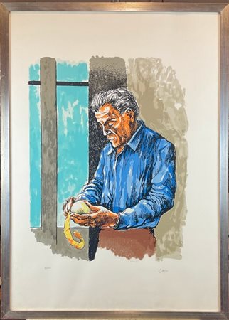 Renato Guttuso "Uomo che sbuccia una mela" 
litografia a colori
cm 99x70
firmata