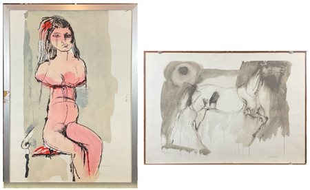 Bruno Cassinari Due litografie a colori raffiguranti nudo femminile e cavallo di
