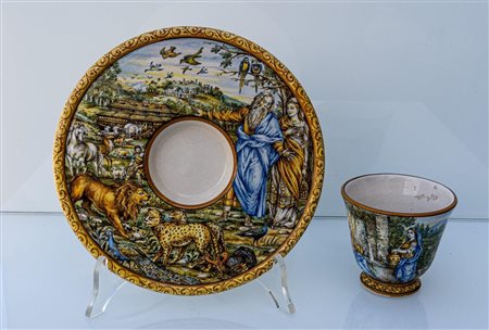 Chicchera Ideart con scena sul piattino trembleuse dell'Arca di Noè e Gesù e la Samaritana al pozzo nella chicchera   