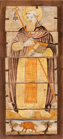 Lotto di tre composizioni con mattoni maiolicati raffiguranti figure devozionali. Manifattura di Castelli, dell'ultimo quarto del XX secolo   