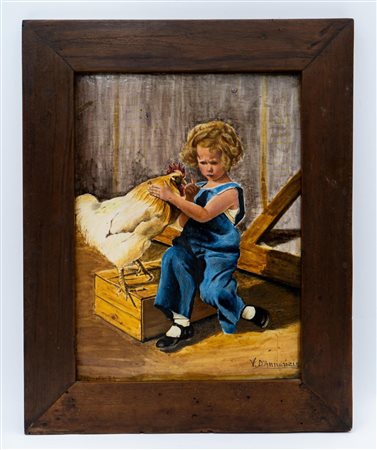 Mattonella maiolicata degli anni '30 del Novecento raffigurante bambina che gioca con un gallo.   Vera  D'Annunzio