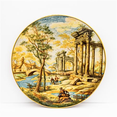 Grande piatto con paesaggio, viandanti e rovine   Manifattura Minghetti, Bologna fine del XIX secolo