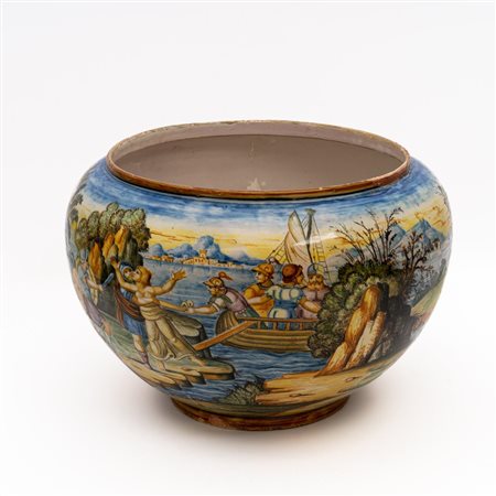 Vaso a boccia con scena mitologica al fronte e paesaggio di città al retro   Manifattura metaurense del XIX secolo