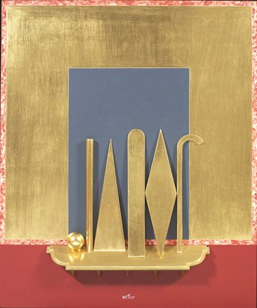 LUCIO DEL PEZZO, Le bourdon, collage, colore acrilico e oro in foglia su legno, dim 120 x 100