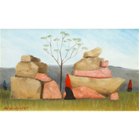 Raf Occhipinti (Comiso 1933)  - Paesaggio con donne con scialle rosso