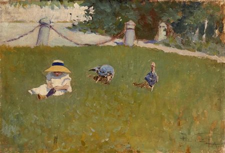 Aleardo Villa "Bambina e tacchini sul prato" 
olio su tela (cm 23x34)
firmato in