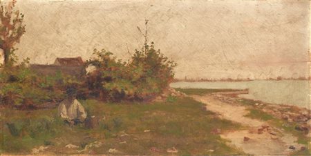 Pietro Fragiacomo "Paesaggio veneto con contadino" 
olio su tavoletta (cm 16x32)