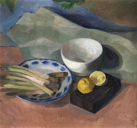 Ida Donati "Composizione con limoni e asparagi" 
olio su compensato (cm 48x52,5)
