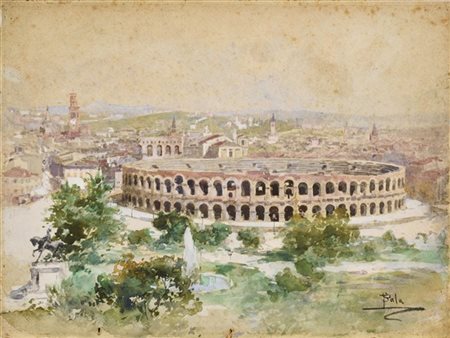 Paolo Sala Coppia di acquerelli su cartone raffiguranti "Vedute di Verona" (cm 2
