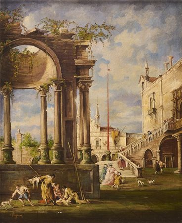 Giuseppe Ponga "Capriccio veneziano" 
olio su compensato (cm 71x58,5)
firmato in