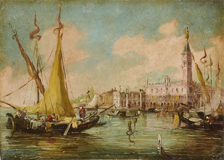 Giuseppe Ponga "Barche a vela nel Bacino di San Marco" 
olio su tavola (cm 18,5x