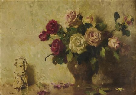 Giuseppe Palanti "Composizione con fiori e cineseria" 
olio su tela applicata a