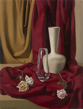 Ugo Celada da Virgilio "Composizione con vaso, vetro e rose" 
olio su masonite (