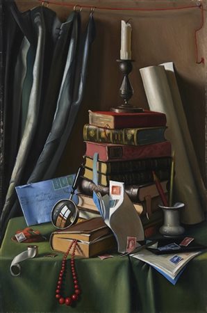 Gregorio Sciltian "Composizione con libri, candela e francobolli" 
olio su tela